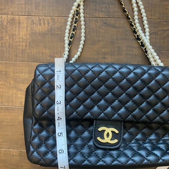 Black Quilted Shoulder Bag with Gold and Pearl Accents - Picture 4 of 12